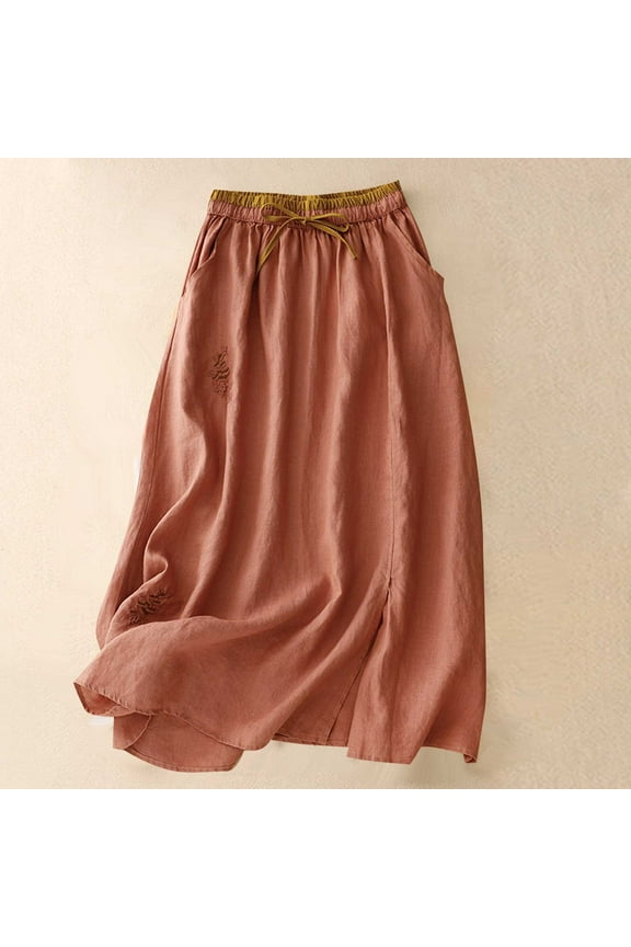 Linen Skirt for Women Spring Summer Elastic Waist A-Line Midi Skirt Embroidery Flowing Long Skirts