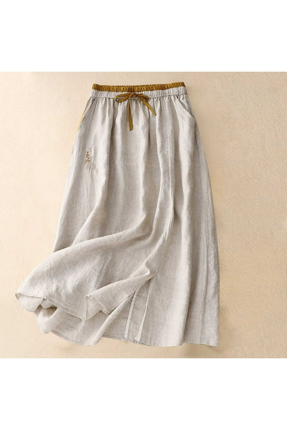 Linen Skirt for Women Spring Summer Elastic Waist A-Line Midi Skirt Embroidery Flowing Long Skirts