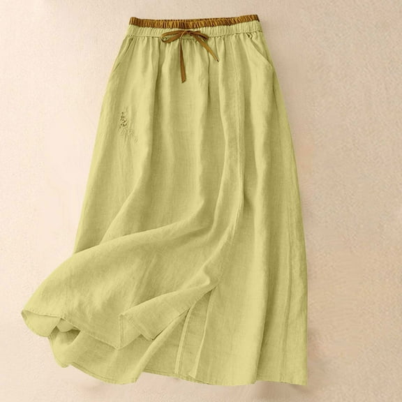 Mgmyaa Linen Skirt for Women Spring Summer Elastic Waist A-Line Midi Skirt Embroidery Flowing Long Skirts