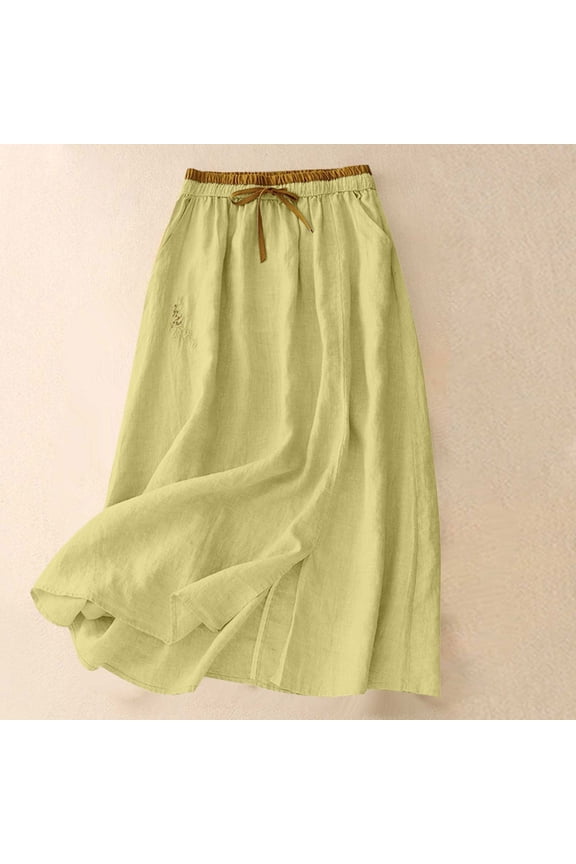 Linen Skirt for Women Spring Summer Elastic Waist A-Line Midi Skirt Embroidery Flowing Long Skirts