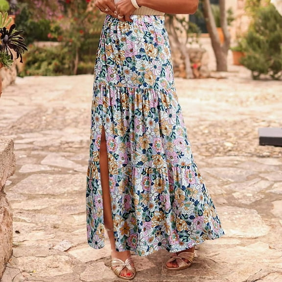 Mgmyaa Maxi Skirt for Women Floral Print Boho High Waist Long Skirt with Pockets & Side Split, Spring Summer Vacation A Line Skirts for Women