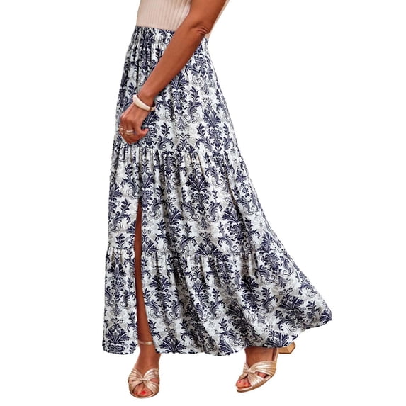 Mgmyaa Womens Boho Floral Print Flowy Split A-Line Maxi Skirt with Pockets