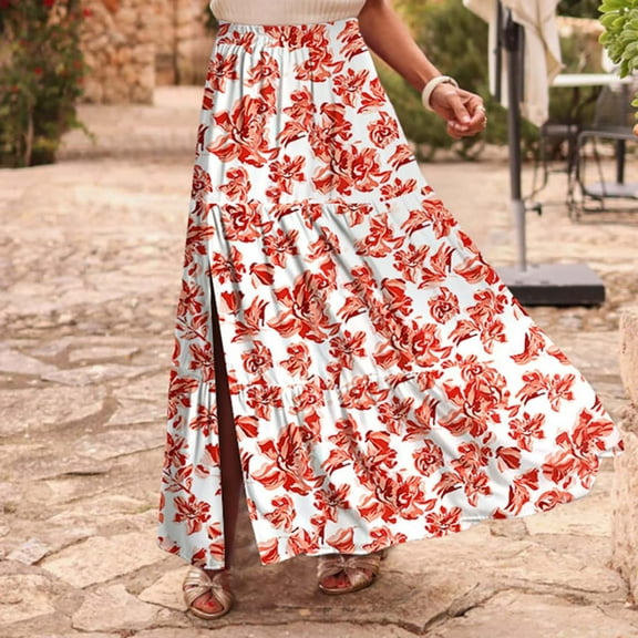 Mgmyaa Maxi Skirt for Women Floral Print Boho High Waist Long Skirt with Pockets & Side Split, Spring Summer Vacation A Line Skirts for Women