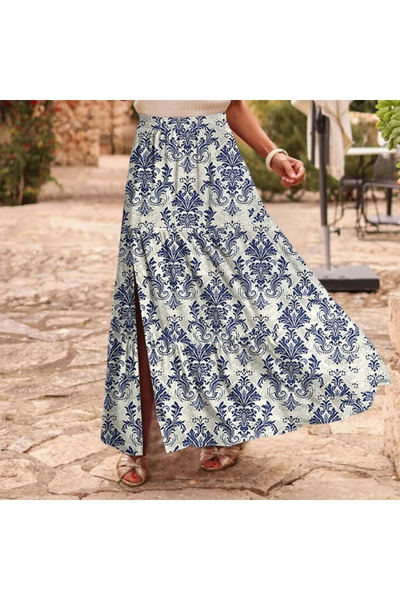 Maxi Skirt for Women Floral Print Boho High Waist Long Skirt with Pockets & Side Split, Spring Summer Vacation A Line Skirts for Women