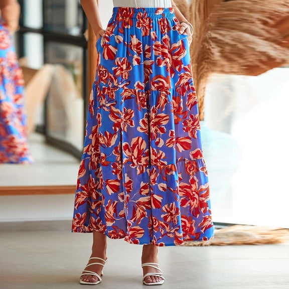 Mgmyaa Maxi Skirt for Women Floral Print Boho High Waist Long Skirt with Pockets & Side Split, Spring Summer Vacation A Line Skirts for Women