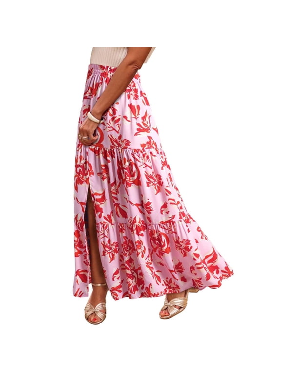 Women Boho Floral Print Maxi Skirt A Line Flowy Split Skirt with Pockets