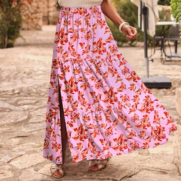 Mgmyaa Maxi Skirt for Women Floral Print Boho High Waist Long Skirt with Pockets & Side Split, Spring Summer Vacation A Line Skirts for Women
