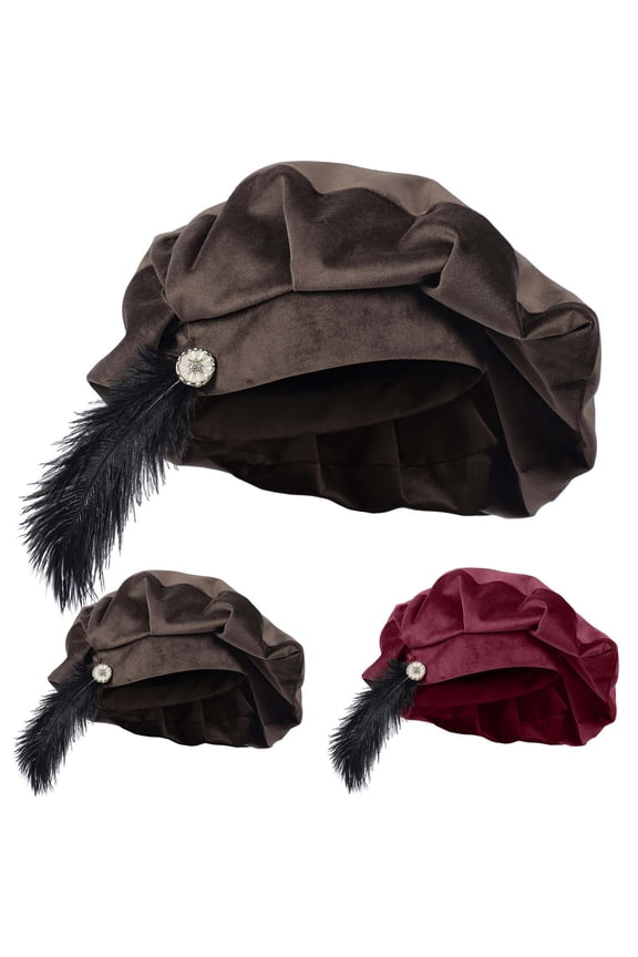 Men Renaissance Beret Hat with Feather Decoration Medieval Flat Top Costume Cap Soft Style Vintage Role Play Headwear by Mgmyaa