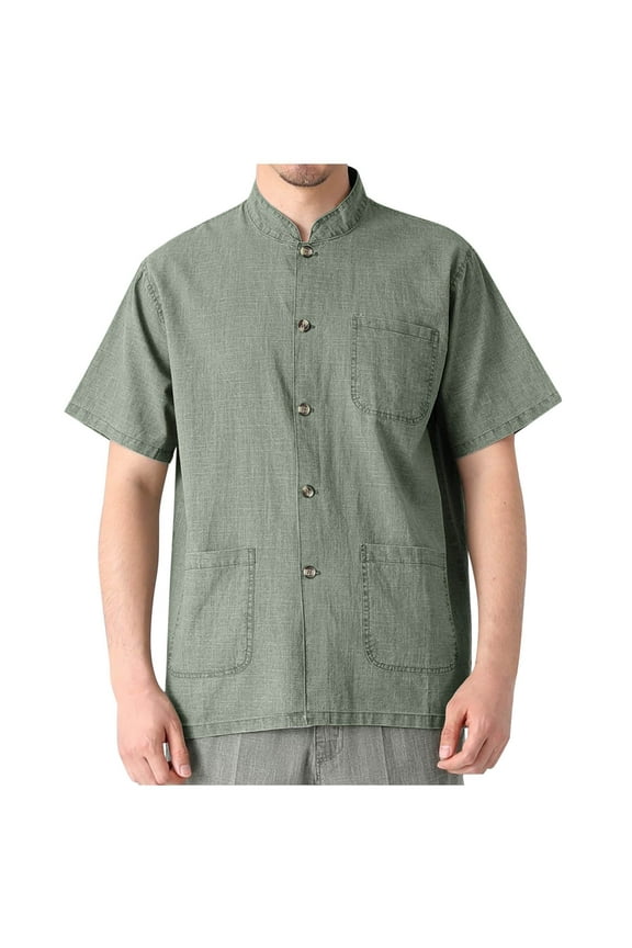 Men's Button Down Shirt Short Sleeves Band Collar Tops Casual Loose Cotton Linen Shirt with Multiple Pockets
