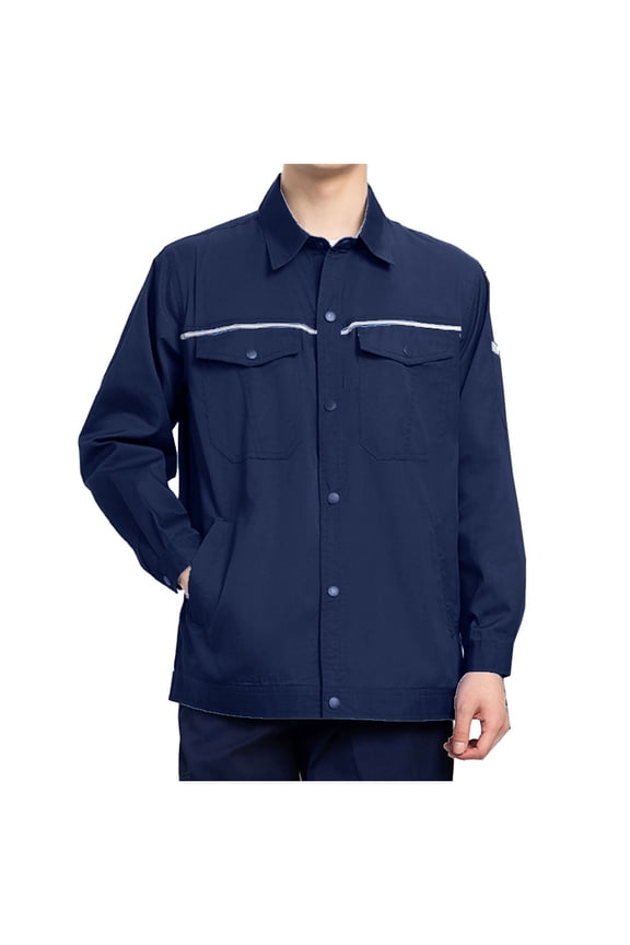 Men's Button Front Work Jacket Collared Long Sleeve Coat with Chest Pockets, Durable Casual Chore Outerwear
