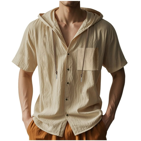 Mgmyaa Men's Button-Up Shirts Casual Solid Button Cardigan Pocket Short Sleeve Hooded Top Shirts