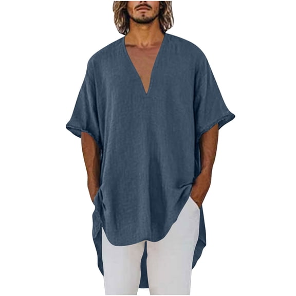 Mgmyaa Men's Casual Cotton Linen T Shirt Baggy Short Sleeve High-Low V-Neck Tee Summer Loose Tops