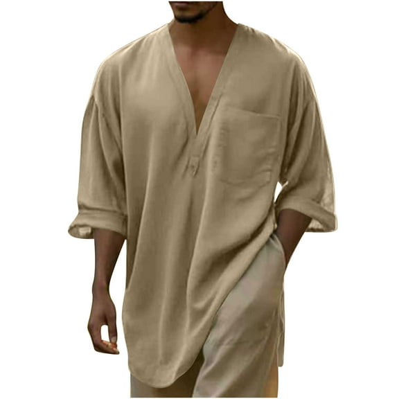 Mgmyaa Men's Casual Linen Cotton Tops Baggy Solid Color Elbow-Length Tee Summer Loose V-Neck T Shirt