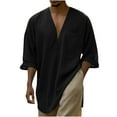 thumbnail image 1 of Mgmyaa Men's Casual Linen Cotton Tops Baggy Solid Color Elbow-Length Tee Summer Loose V-Neck T Shirt, 1 of 5