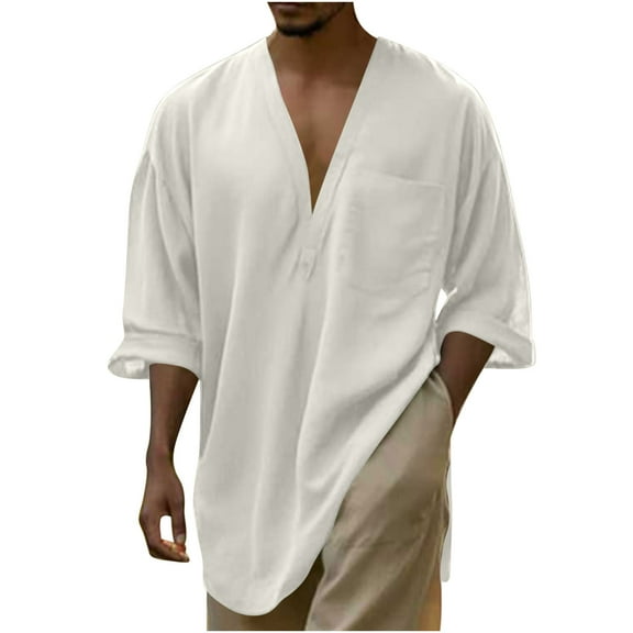 Mgmyaa Men's Casual Linen Cotton Tops Baggy Solid Color Elbow-Length Tee Summer Loose V-Neck T Shirt