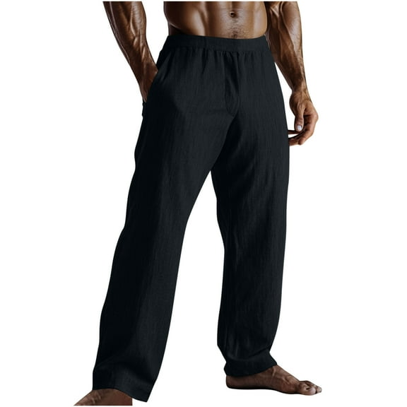Mgmyaa Men's Casual Pants Loose Baggy Pocket Pants Solid and Linen Wide Leg Elastic Waist Pants