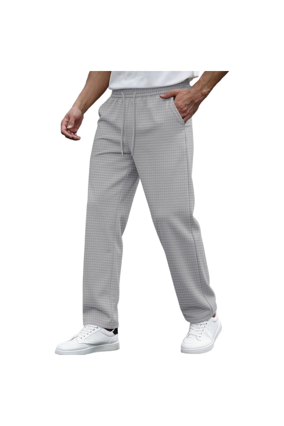 Men's Checkered Daily Pants With Drawstring Elastic Waist Stretchable Adjustable Straight Leg Full Length Soft Breathable For Everyday Casual