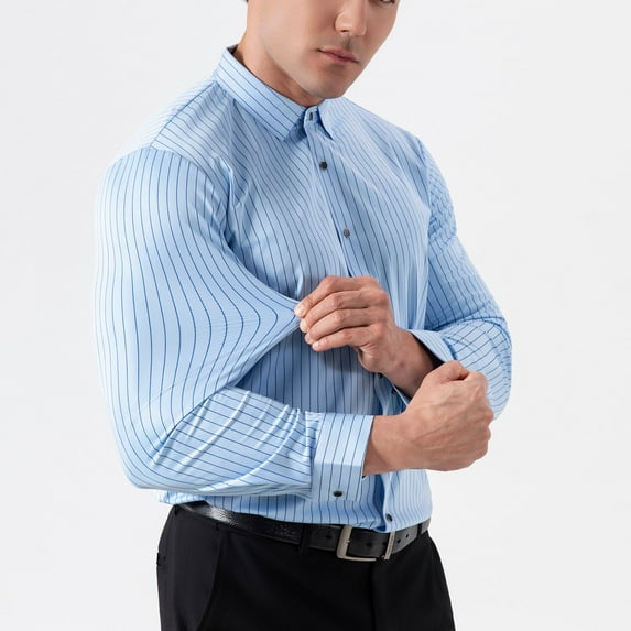 Mgmyaa Men's Classic Turndown Collar Button Dress Shirt Long Sleeve Striped Design Wrinkle-Free Slim Fit Business Casual Office Wear