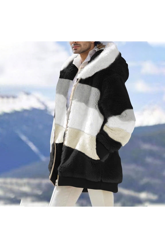 Men's Colorblock Fleece Hooded Jacket Full Zip Pocket Long Sleeve Teddy Casual Winter Warm Parka Coat