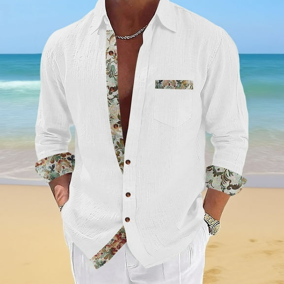 Mgmyaa Men's Cotton Linen Top, Stylish Personalized Casual Patchwork Printed Shirt for Men, Men's Button Down Shirts, Men's Clothing