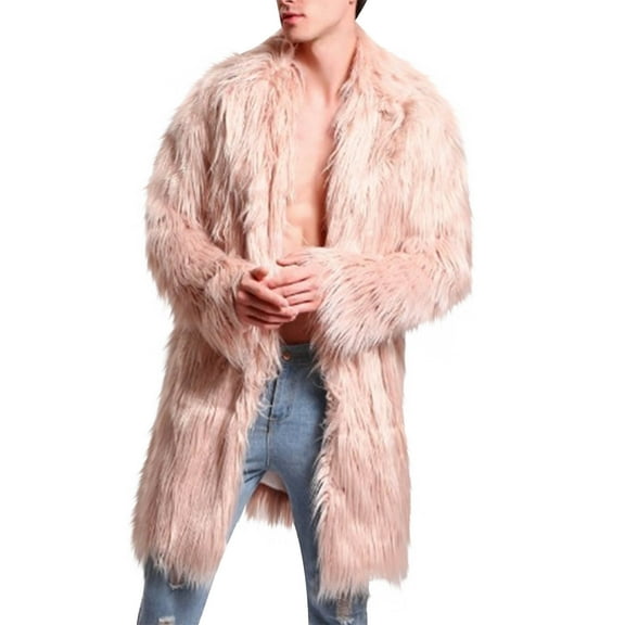 Mgmyaa Men's Faux Fur Lined Lapel Winter Coat Long Sleeve Turn Down Collar Warm Overcoat Loose Fit Casual Longline Outerwear