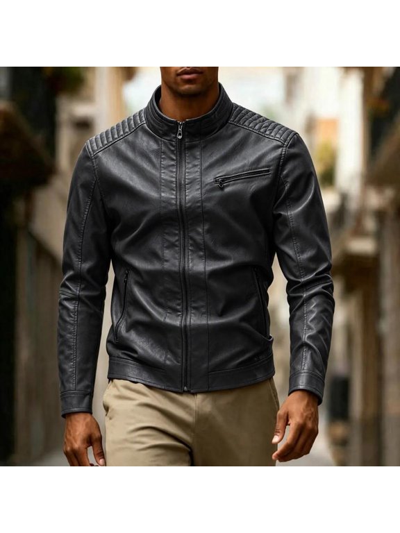 Men's Faux Leather Moto Jacket Full Zip Long Sleeve Stand Collar with Multi Pockets Casual Streetwear Outerwear for Fall Winter