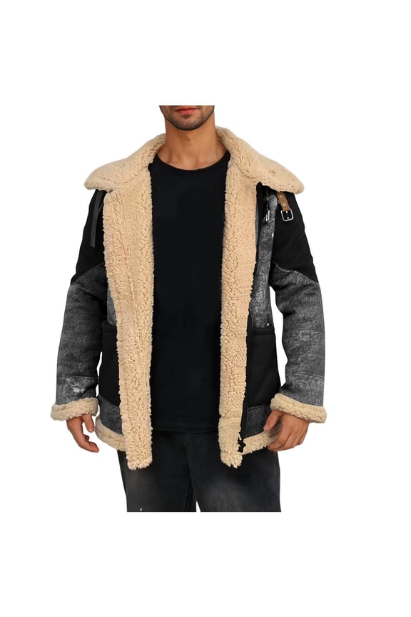Men's Faux Shearling Patchwork Collar Zip Up Jacket Long Sleeve Warm Winter Casual Bomber Style Outerwear