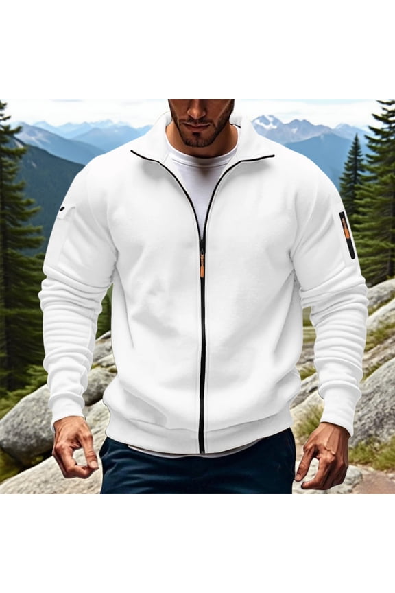 Men's Fleece Stand Collar Jacket Thick Thermal Windproof Full Zipper Kangaroo Pocket Winter Sports Outerwear
