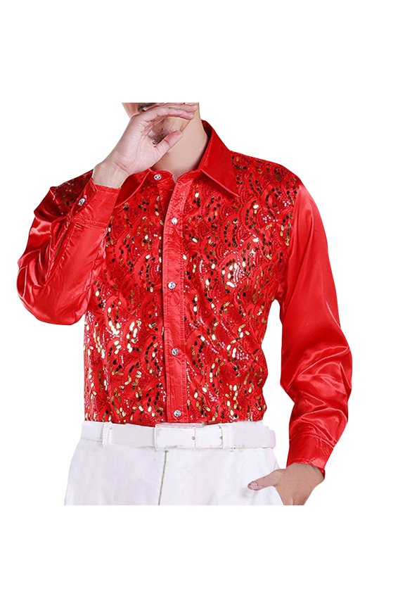 Men's Formal Sequin Long Sleeve Button Down Shirt for Party and Performance
