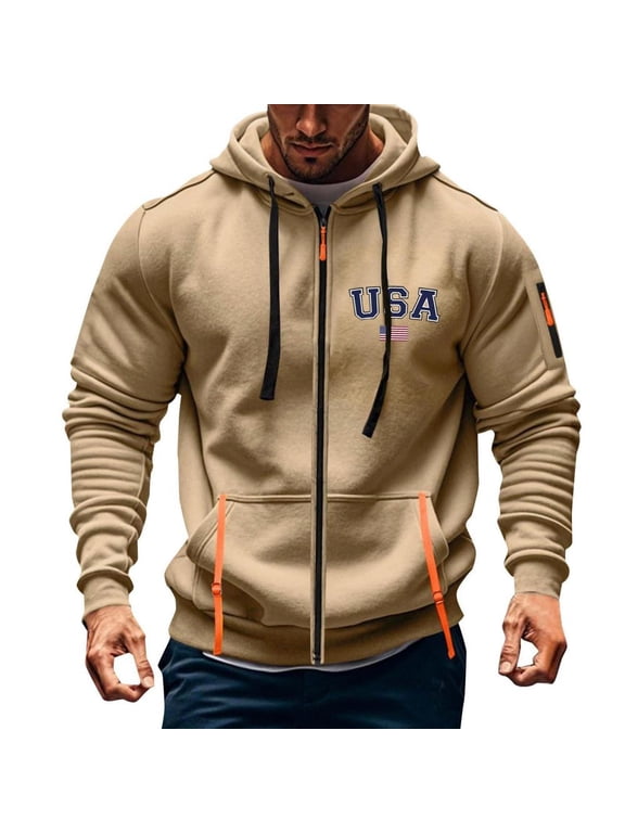 Men's Full Zip Hoodie USA Graphic Print Casual Sweatshirt Jacket with Pockets Long Sleeve Lightweight Active Workout Outerwear for Gym Travel and Daily Wear