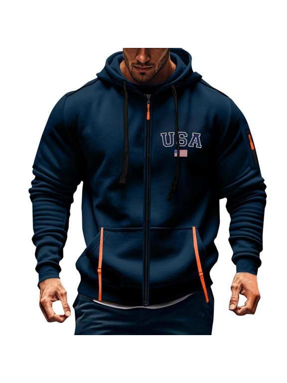 Men's Full Zip Hoodie USA Graphic Print Casual Sweatshirt Jacket with Pockets Long Sleeve Lightweight Active Workout Outerwear for Gym Travel and Daily Wear