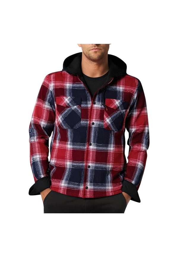 Men's Hooded Flannel Shirt Jacket Fleece Lined Insulated Plaid Button Up Long Sleeve Winter Top
