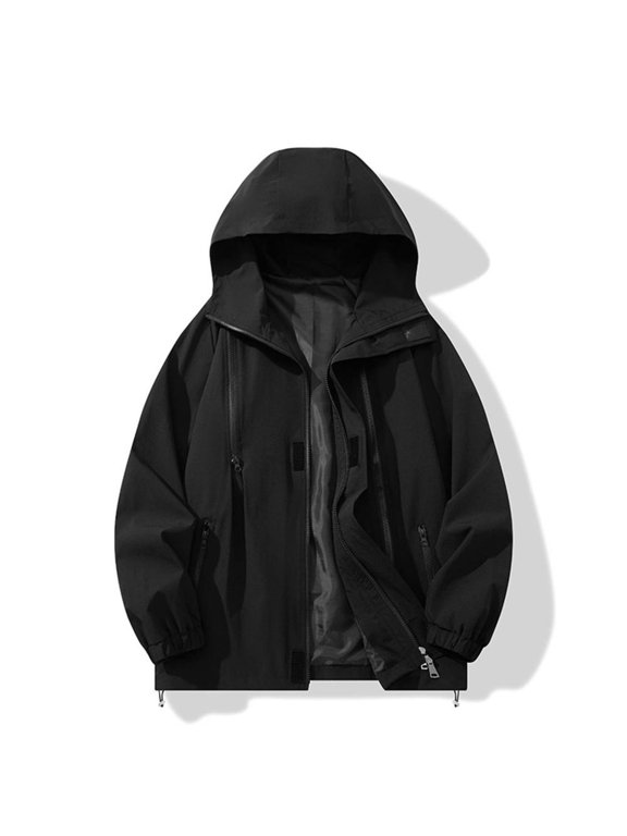 Men's Hooded Hardshell Jacket Waterproof Windproof Outdoor Coat with Pockets Long Sleeve Casual Outerwear for Hiking Travel and Daily Wear