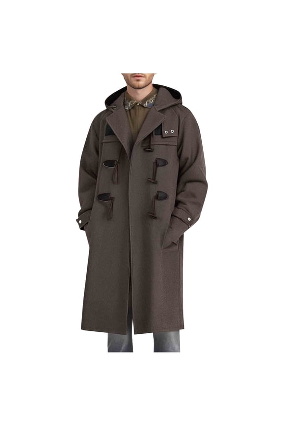 Men's Hooded Mid-Length Wool Blend Trench Coat Toggle Closure Long Sleeve Casual Overcoat