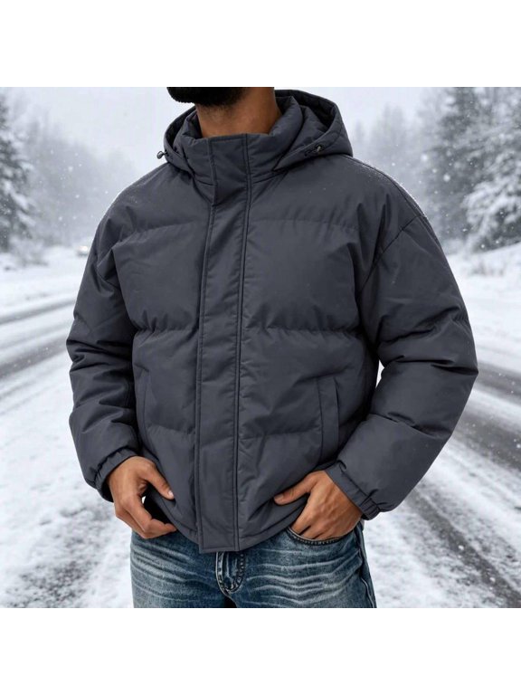 Men's Hooded Puffer Jacket Full Zip Long Sleeve Warm Winter Outerwear for Cold Weather