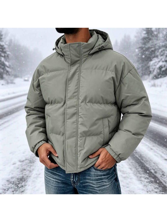 Men's Hooded Puffer Jacket Full Zip Long Sleeve Warm Winter Outerwear for Cold Weather