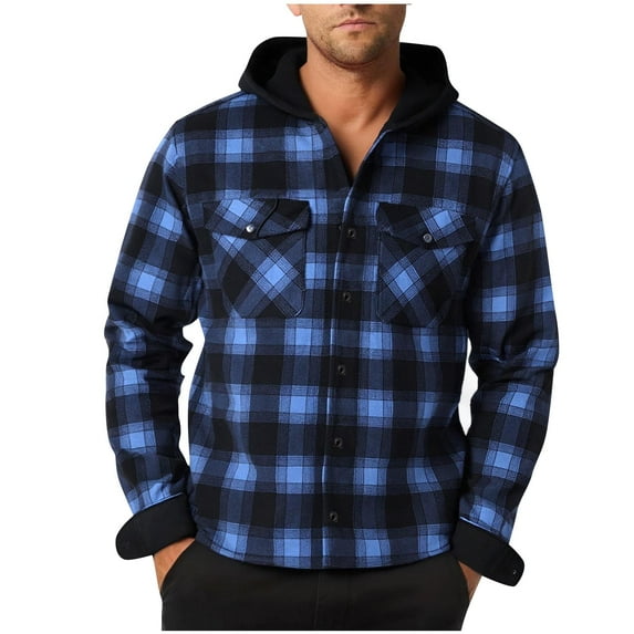 Mgmyaa Men's Hooded Velvet Shirt Jacket Fleece Lined Insulated Plaid Button Up Long Sleeve Winter Top