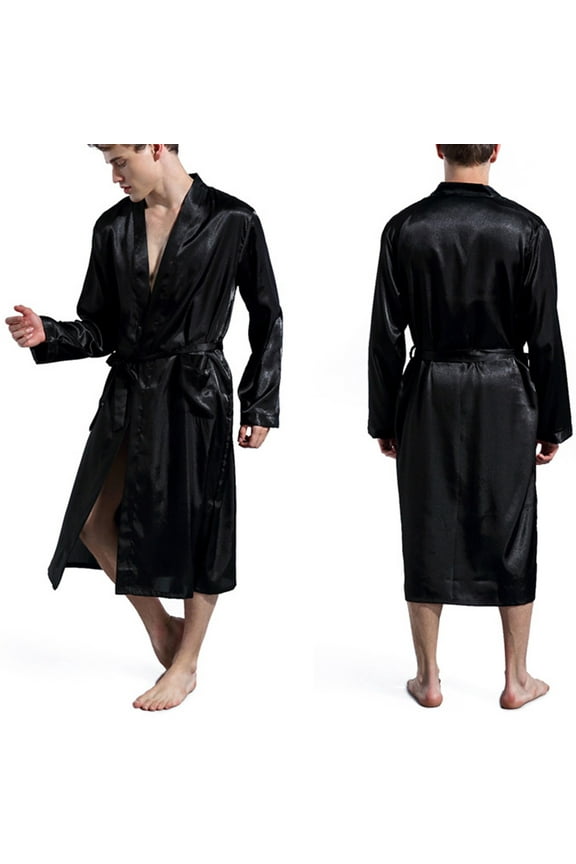 Men's Lightweight Smooth Satin Sleep Robe Open-Front Loose Plus-Size Long Sleeve Spring Fall Bathrobe Sleepwear