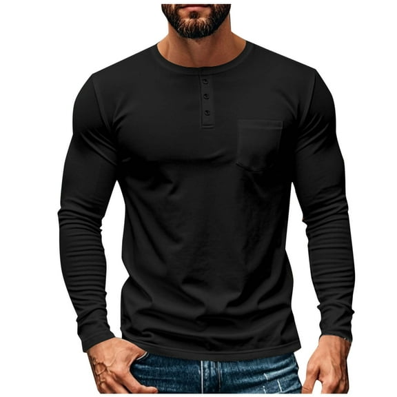 Mgmyaa Men's Long Sleeve Base Layer Top Breathable Button Round Neck Comfortable Shirt with Chest Pocket