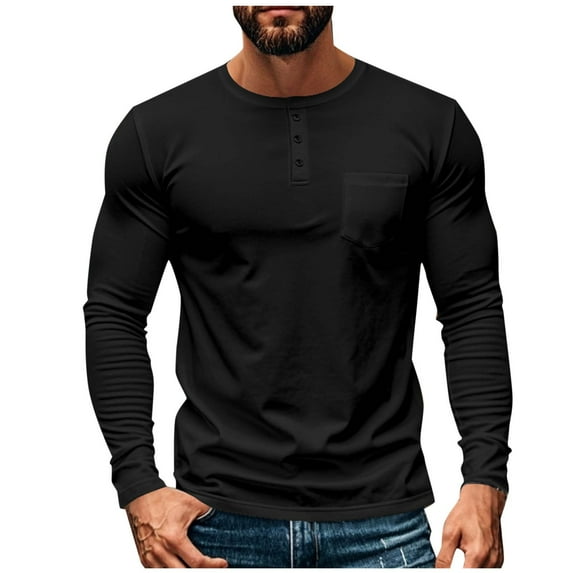 Mgmyaa Men's Long Sleeve Base Layer Top Breathable Button Round Neck Comfortable Shirt with Chest Pocket
