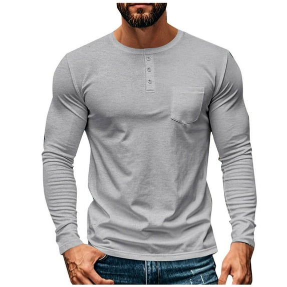 Mgmyaa Men's Long Sleeve Base Layer Top Breathable Button Round Neck Comfortable Shirt with Chest Pocket
