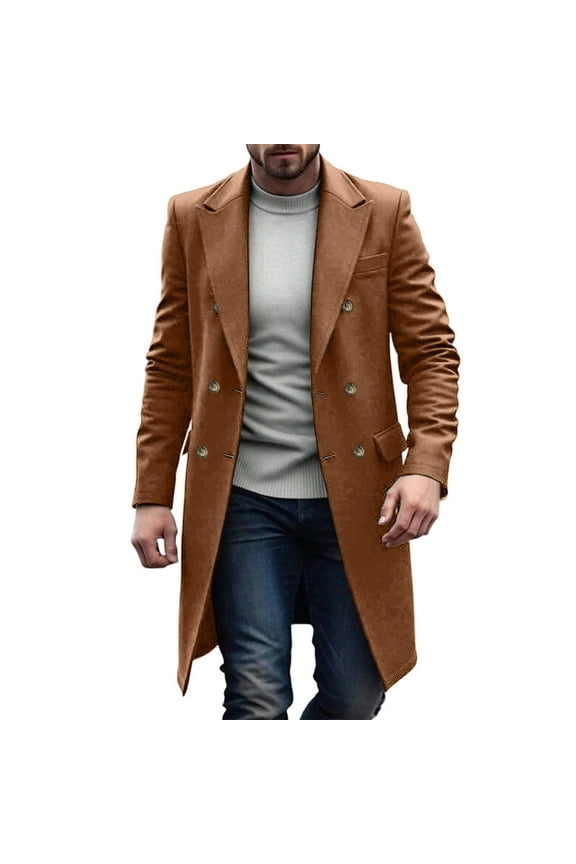 Men's Long Trench Coat Double Breasted Wool Blend Overcoat Duster Jackets