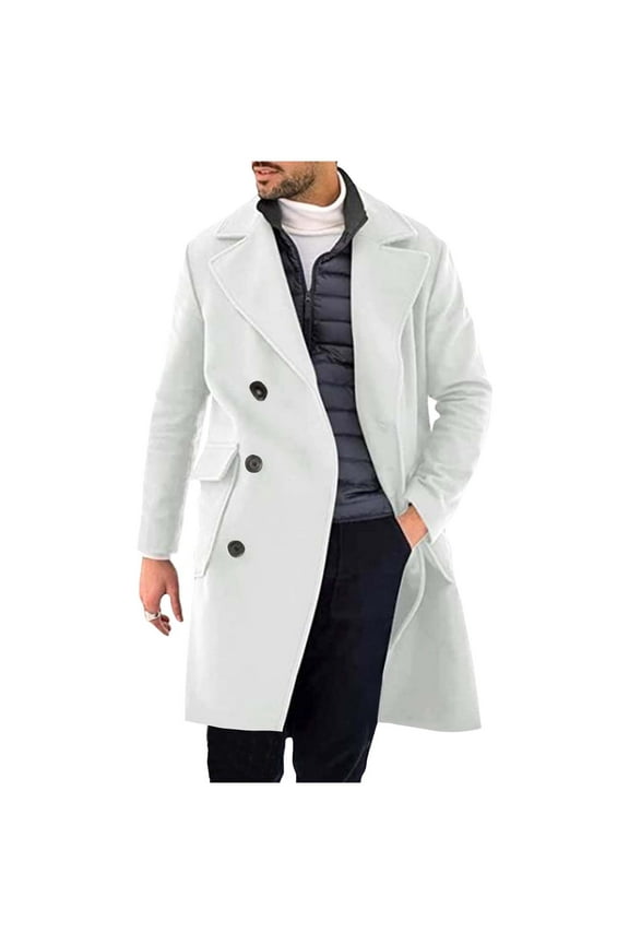 Men's Long Wool Blend Overcoat Double Breasted Trench Coat Notch Lapel Pocket Classic Formal Outerwear Winter Topcoat