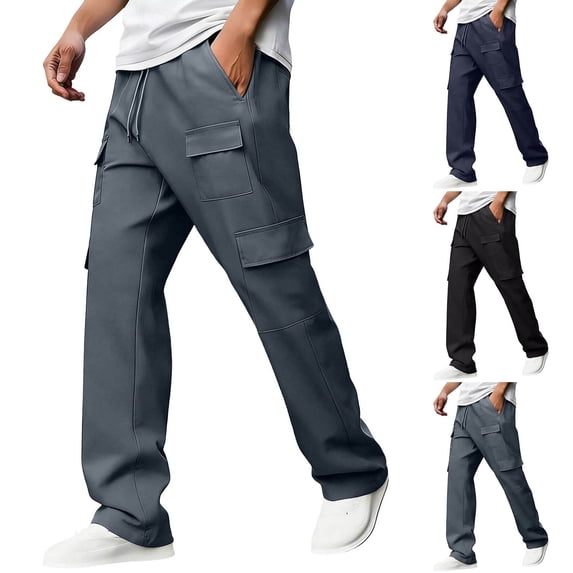 Mgmyaa Men's Multi-Pocket Work Pants With Drawstring Elastic Waist Adjustable Straight Leg Full Length Soft Breathable For Daily Workwear