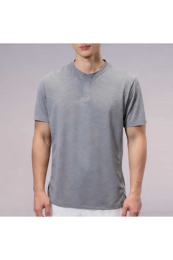 Men's Outdoor Training T-Shirt with Snap Buttons Short Sleeve Round-Neck Casual Shirt for Sport