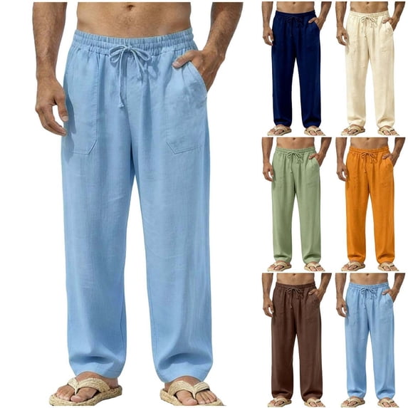Mgmyaa Men's Pleated Linen Pants With Drawstring Elastic Waist Ventilated Adjustable Straight Leg Full Length Soft Lightweight For Summer Daily