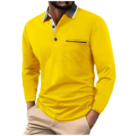 Mgmyaa Men's Polos Long Sleeve Button-Up Shirt Office and Casual Turn Down Collar Tops with Pocket