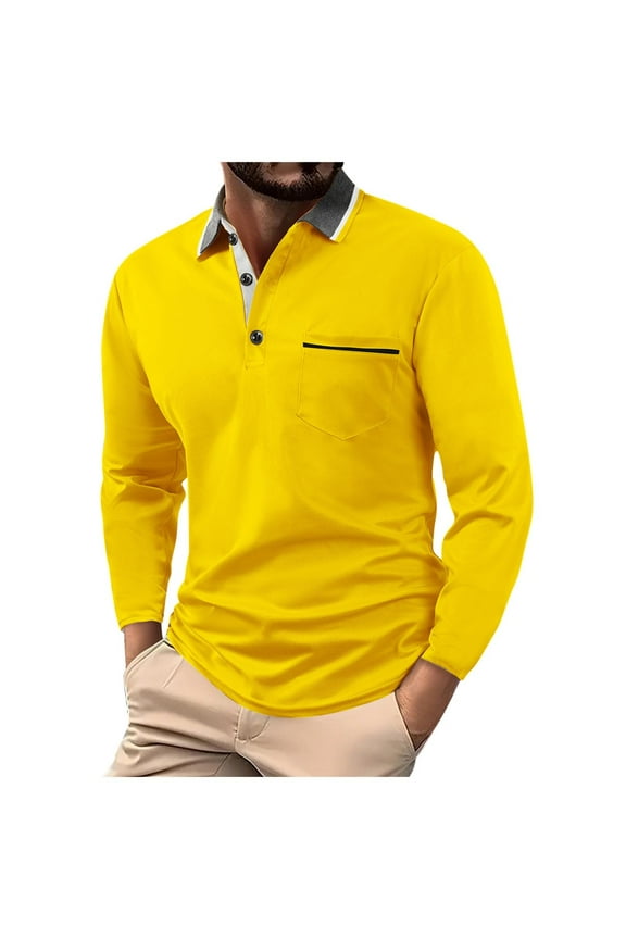 Men's Polos Long Sleeve Button-Up Shirt Office and Casual Turn Down Collar Tops with Pocket