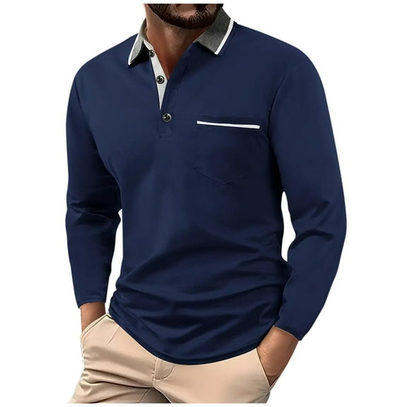 Mgmyaa Men's Polos Long Sleeve Button-Up Shirt Office and Casual Turn Down Collar Tops with Pocket
