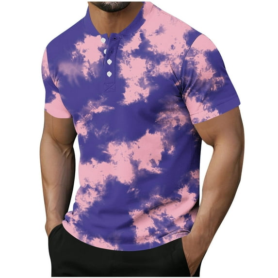 Mgmyaa Men's Short Sleeve Button Henley Neck Tie-dye Printing Shirt